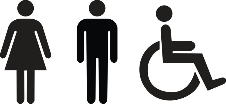 Modern restroom and public facility icons collection featuring male and female toilet symbols, WC signs, accessible wheelchair icons, elevator and escalator pictograms, and minimal line and solid styl