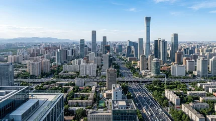 Fototapeten Peking Skyline of Beijing, expansive urban panorama with modern towers and dense city structure, travel and business destination, atmospheric perspective, crisp daylight, realistic architecture, editorial  © Coosh448