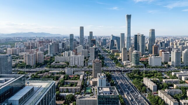 Skyline of Beijing, expansive urban panorama with modern towers and dense city structure, travel and business destination, atmospheric perspective, crisp daylight, realistic architecture, editorial