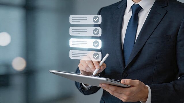 Businessman using digital tablet and futuristic holographic interface for advanced data entry checking off tasks on a smart application hightech workflow optimization in modern