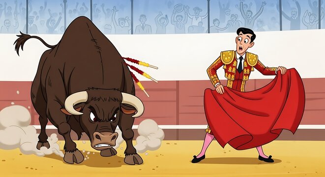 Matador fighting angry bull in arena.
