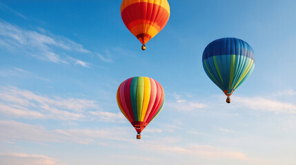 Obraz premium Three colorful hot air balloons drifting in blue sky with soft clouds, calm morning light travel and adventure scene
