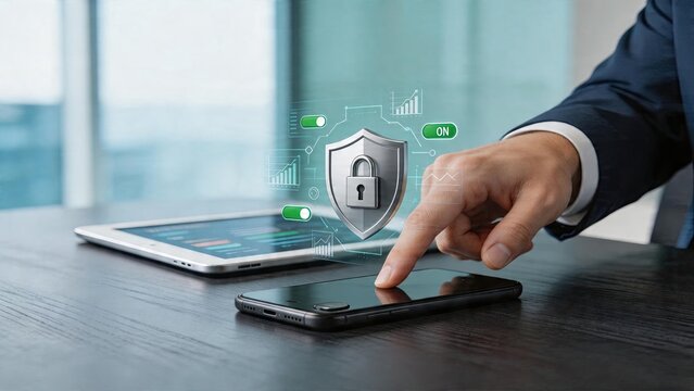 Businessman tapping smartphone screen holographic security shield lock icon floating above with data charts and toggle switches on table surface
