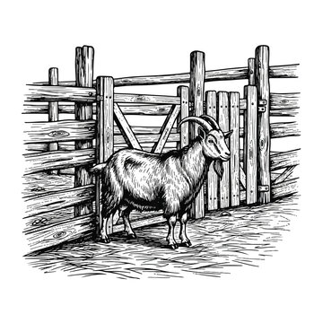 Goat standing by wooden fence gate.