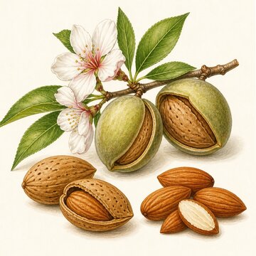 Detailed botanical illustration of almond branch featuring leaves, flowers, whole almonds, cracked shells and kernels. Hand drawn realistic style with natural colors, isolated on neutral background.