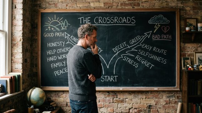 Thoughtful man contemplating life choices at a crossroads diagram on a blackboard, illustrating good and bad paths with various virtues and vices
