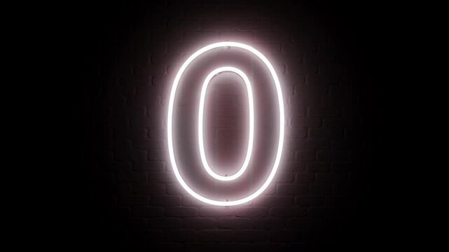 Glowing neon numbers counting down on a dark brick wall. Digital timer sequence for event announcement, celebration or start of a launch. Bright sign display.