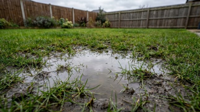 Muddy lawn with puddles of water and green grass after heavy rain in a garden with wooden fence