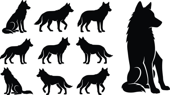Wolf Silhouette Vector Set with Large Sitting Wolf and Multiple Walking, Standing, and Alert Wild Canine Poses for Wildlife Design and Nature Illustration Projects