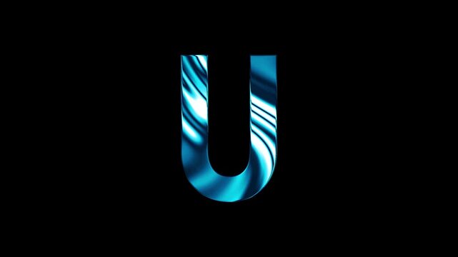 Animation of liquid glass curve line capital U text design with black background