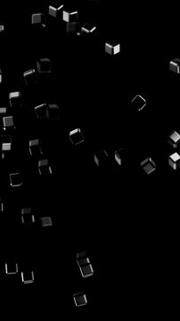 Geometric silver blocks scattered in a dark atmospheric environment depicting decentralized cloud computing and distributed network architectures