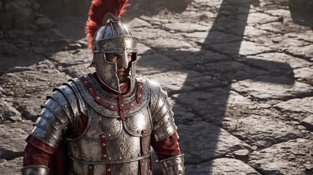 Medieval knight in armor on stone ground for creative digital media and visual arts