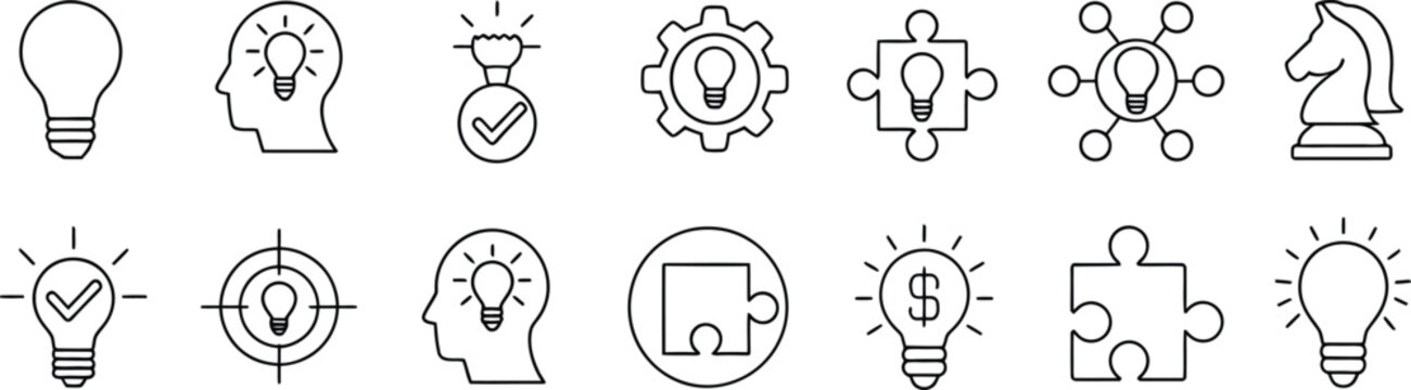 Simple black and white line representing ideas money and technology concepts light bulb brain
