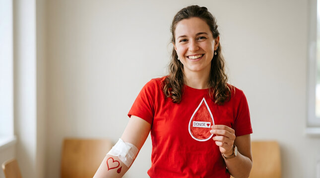 Smiling young woman in red t-shirt celebrates her act of blood donation, holding a 'DONOR' sign, a selfless gesture supporting community health