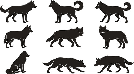 Obraz premium Wolf Silhouette Vector Set with Multiple Wild Canine Poses Including Walking, Standing, Sitting, and Hunting for Wildlife Design, Nature Illustration, and Animal Graphics