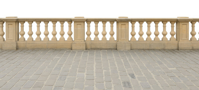 Stone balustrade railing with classic balusters on a paved terrace isolated on white background