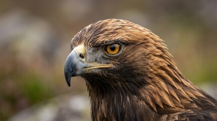 Fototapeta premium Golden eagle staring sharply with a powerful gaze, dramatic wildlife close up full of presence, commercial stock appeal, balanced composition, soft natural light, realistic texture, crisp focus,