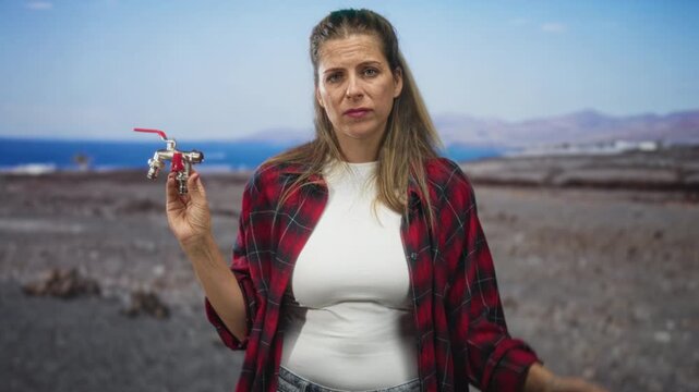 Woman holds faucet valve in one hand and shrugs with the other hand, expressing exasperation in a studio; plumbing problem frustration.