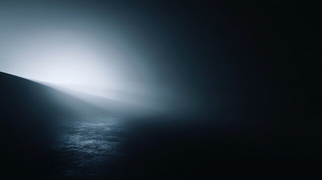 A mysterious, foggy landscape with soft light breaking through mist over dark, textured terrain, evoking a calm and ethereal atmosphere, invisible ai abstract background