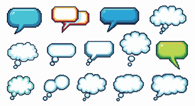 Diverse pixel art speech and thought bubbles in blue, green, and white