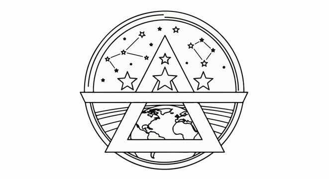 Emblem with celestial sphere above triangle with earth below
