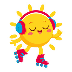 Cute sun mascot on roller skates listening to music with headphones. Summer character skating and smiling. Flat vector illustration isolated © Diana