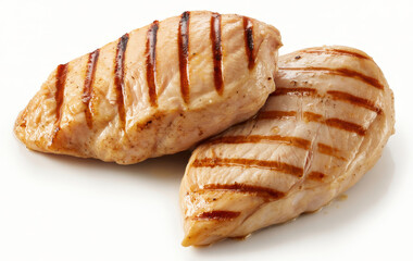 Fototapeta premium Two grilled chicken breasts with distinct char marks isolated on a white background, for cooking