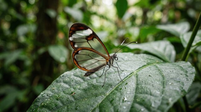 Close up of a glasswing butterfly on a leaf, delicate translucent wings and fine natural detail in a tropical macro scene, soft light, realistic insect photography, no logos