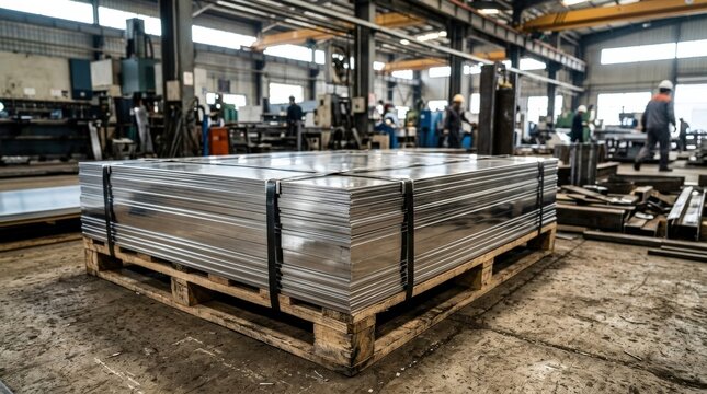 Stack of shiny metal sheets in industrial setting, manufacturing materials concept with reflective surfaces and blurred factory background, realistic detail, no logos