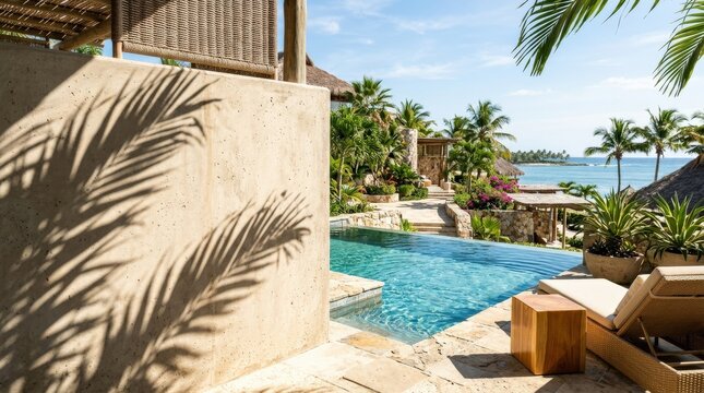 Tropical summer exterior with concrete wall, pool water and palm leaf shadow, neutral luxury resort background for product display, bright vacation aesthetic, no logos