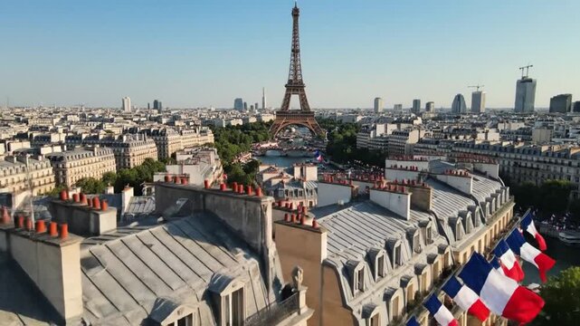 Aerial view of French flags on Paris rooftops with Eiffel Tower