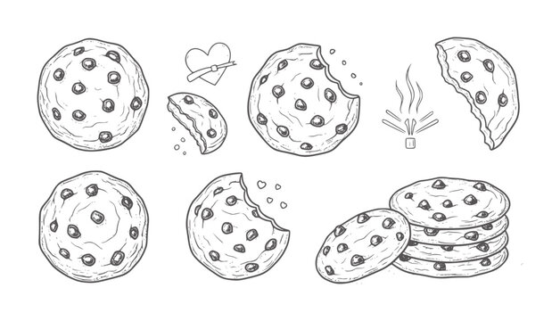 Hand drawn chocolate chip cookies and a heart with arrow