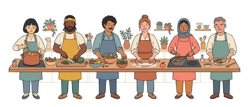 Diverse Group Cooking Together Kitchen Activity People Preparing Healthy Food Meals Illustration. Multi-ethnic chefs making dinner at table, culinary workshop, community social event, flat vector art