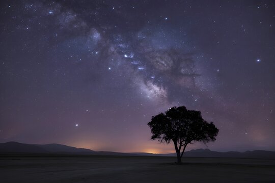 Silhouette tree under starry night sky with milky way galaxy