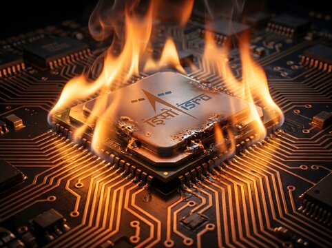Burning CPU overheating computer processor chip with flames, symbolizing technology failure, electronic component meltdown, and system damage risk