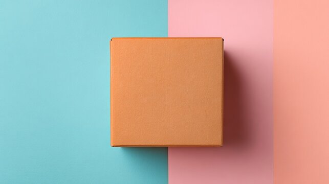 An overhead square box of medium-brown hue centered on a split background of three vertical color blocks light blue, pink, and coral