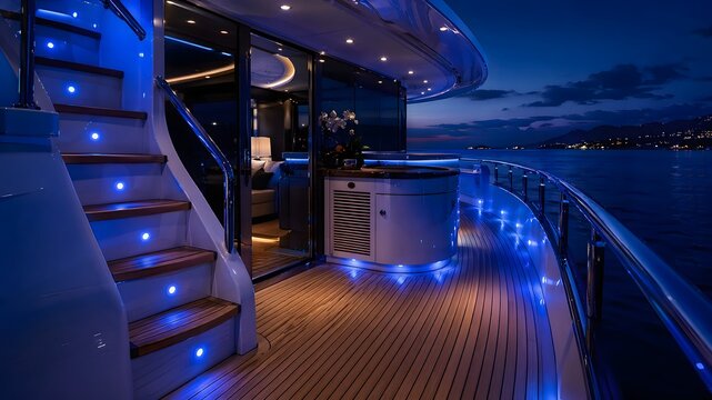 Sleek close-up of a luxury yacht deck at night, teak wood floor, glowing blue led lights, calm
ocean in the background