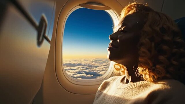Woman gazing out airplane window at sunset for outdoor lifestyle brands and nature documentaries