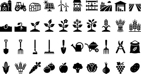 Obraz premium Black and white farm icons with plants and tools