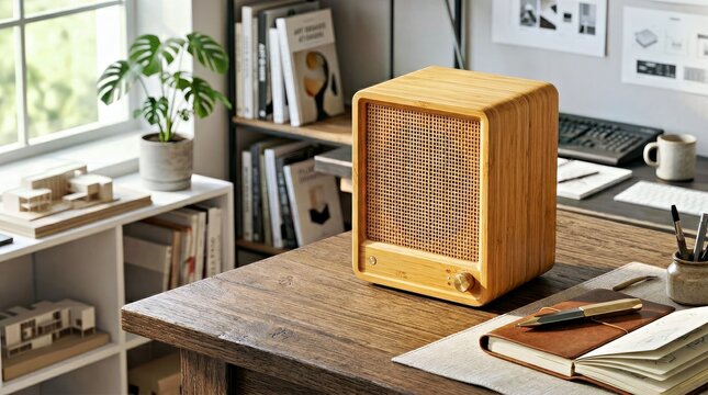 Modern Bamboo Bluetooth Speaker on Wooden Desk in Architect Home Office Studio for Interior Design Branding