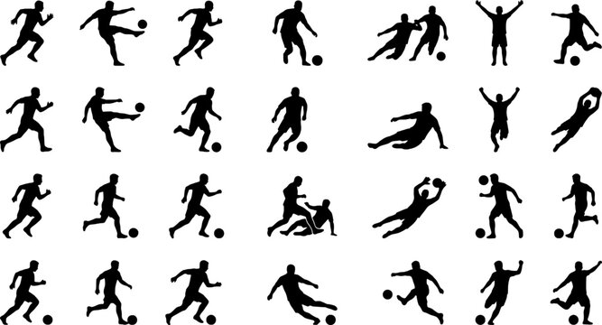 Black silhouettes of soccer players in various actions