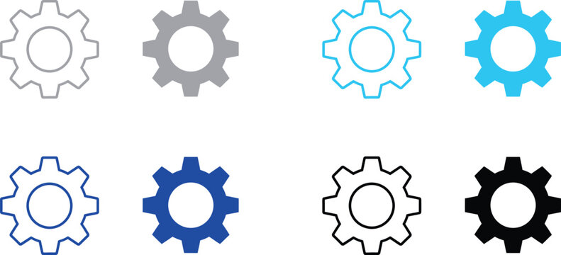 Outline and solid blue gear icons with white background line art cogwheel mechanism mechanical industry automation configuration teamwork isolated illustration technology connection