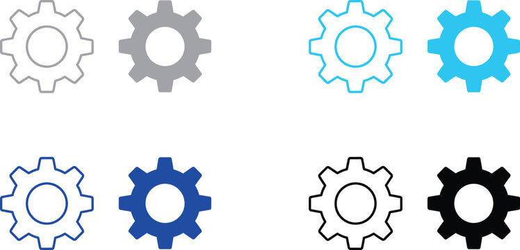 Outline and solid blue cogwheel icons with white background line art cogwheel mechanism mechanical industry automation configuration teamwork isolated illustration technology