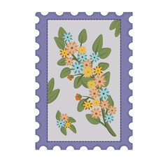 Obraz premium A unique stamp design shows bright flowers and green leaves arranged on a light background and framed by a purple outline. The flowers have various colors.