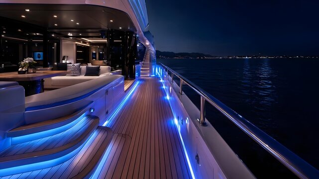 Sleek close-up of a luxury yacht deck at night, teak wood floor, glowing blue led lights, calm
ocean in the background