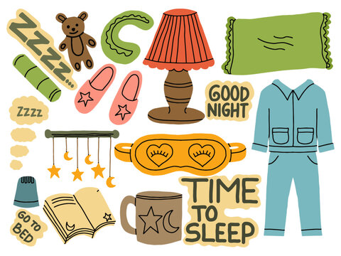 Hand drawn sleep and bedtime routine doodle element collection. Minimalist hand drawn illustrations for healthy sleep habits and relaxation