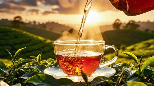 Tea being poured into cup at tea plantation perfect for cooking tutorials and recipe showcases