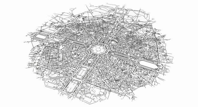 Detailed aerial view of a circular city plan with radiating streets and central plaza