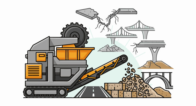 Demolition machine processes debris, creating new road material for bridges