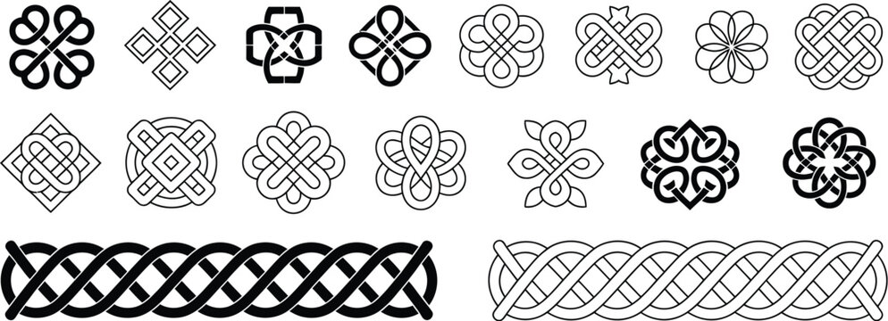 Celtic borders and knots showcasing classic braided ornament design with repeat seamless pattern blocks for decorative frame applications, traditional vector